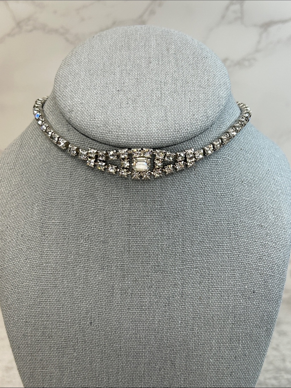 Vintage Crystal Rhinestone Choker Necklace - Silver Tone